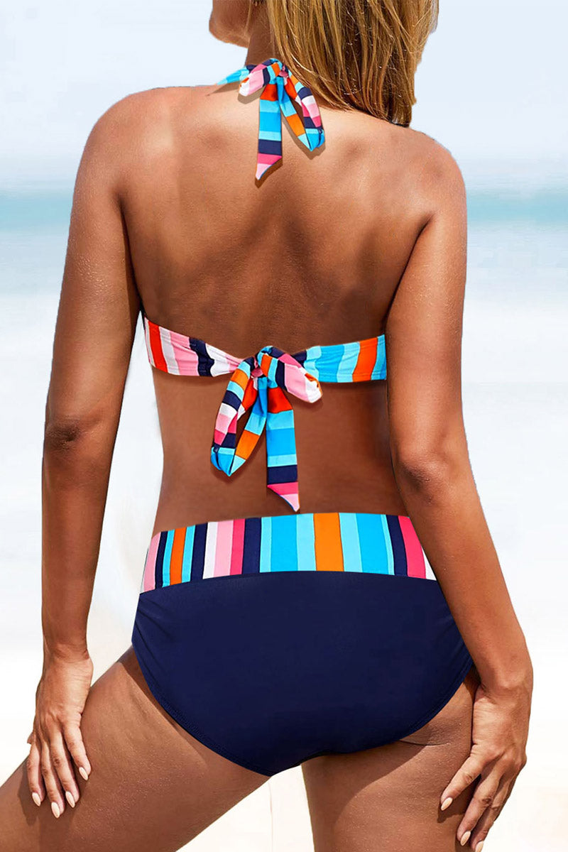 Striped V Neck Halter lace-up Swimsuit - Fashionpara