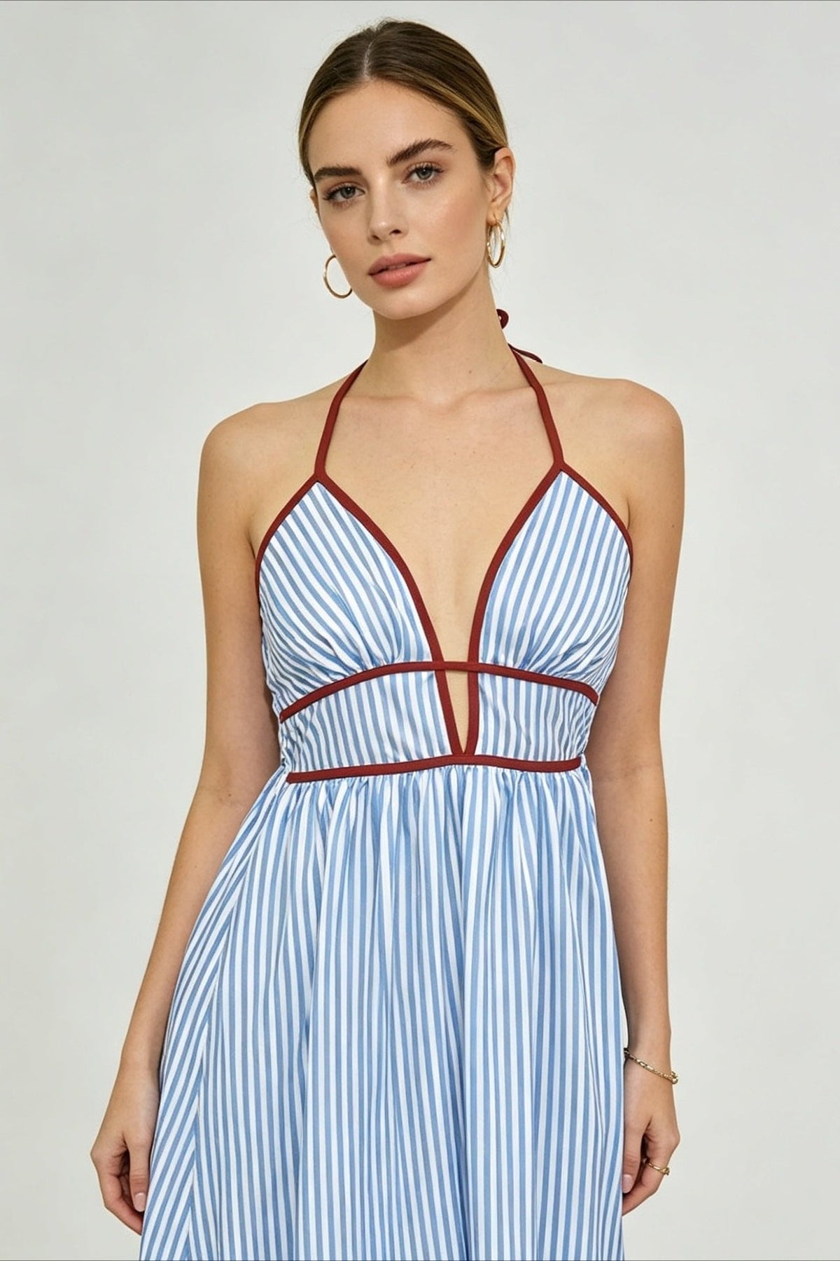 Striped Deep V Strappy Backless Maxi Dress 9