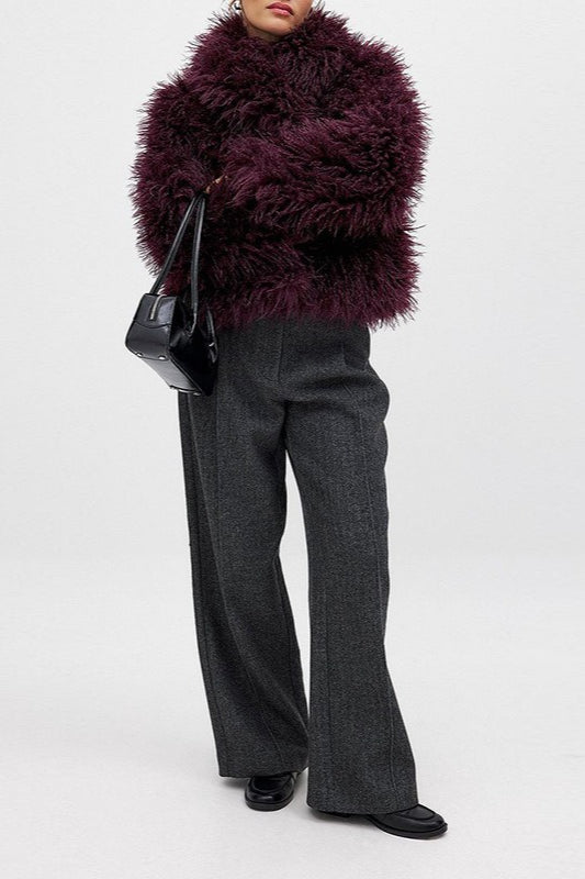 Versatile Wine Red Faux Fur Solid Coat - Fashionpara