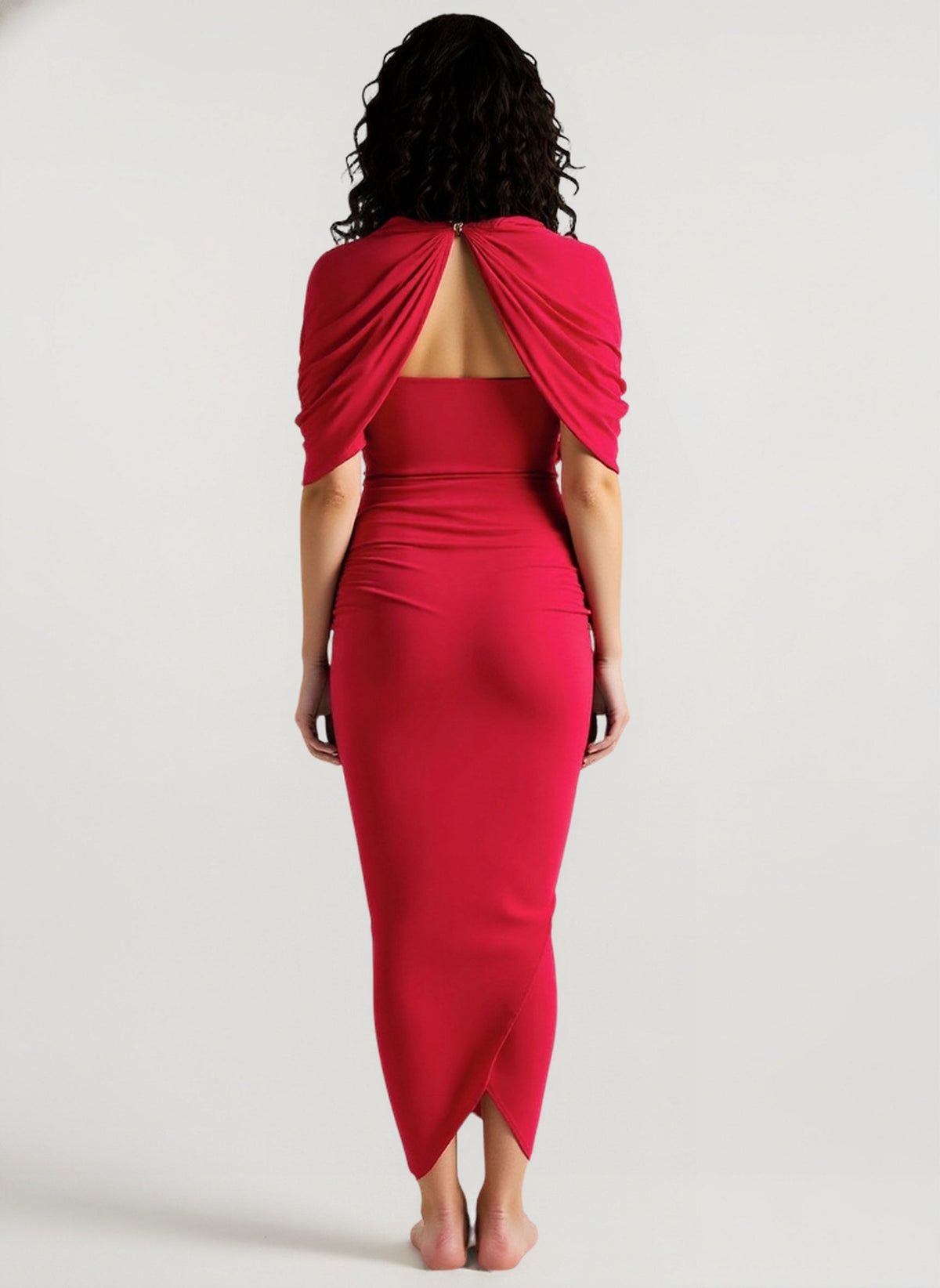 High Neck Cape Ruched Asymmetric Midi Dress 3