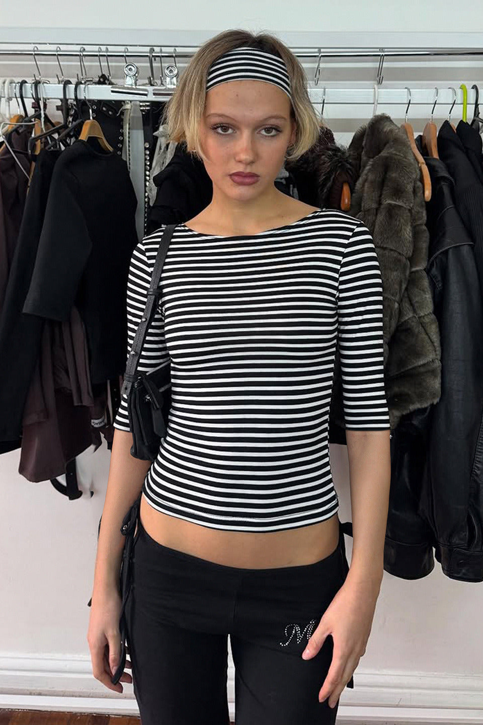 Vintage Color Block Stripe Jacquard Fitted Knit Blouse