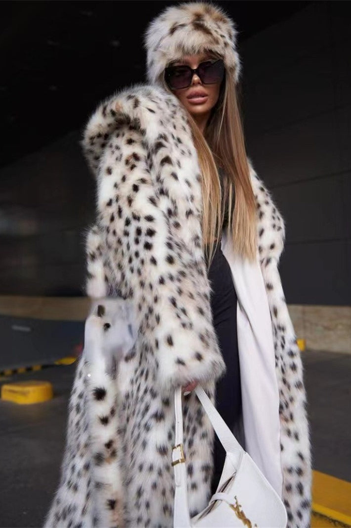 Faux Fur Leopard Print Hooded Long Coat