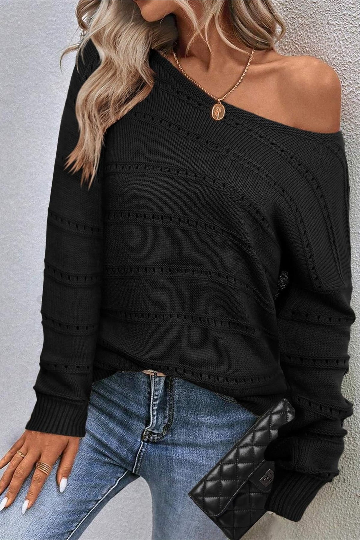 Openwork Boat Neck Relaxed Sweater