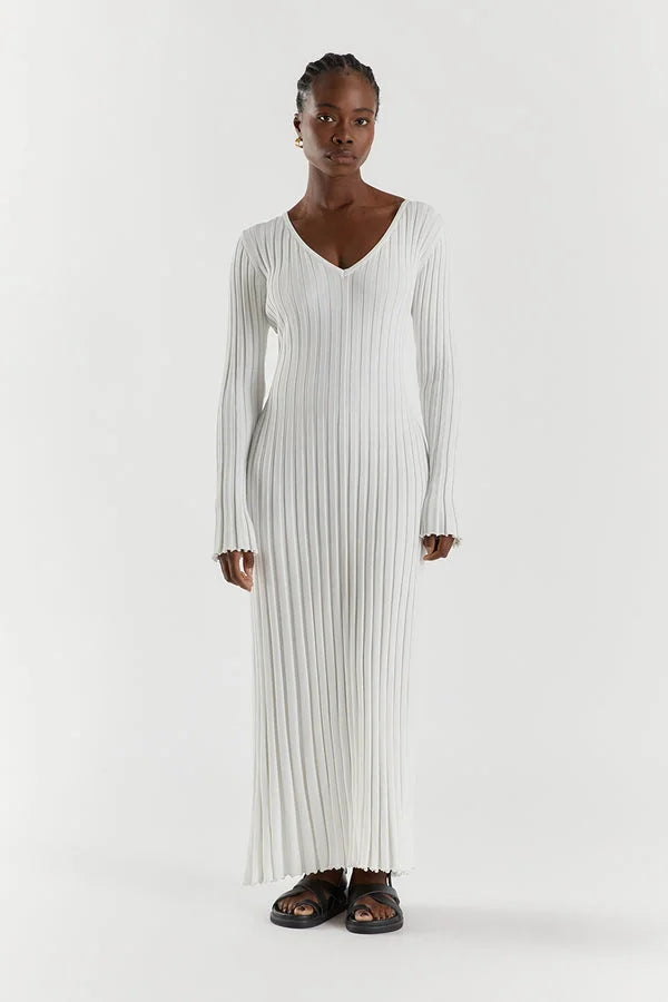 Ribbed Knit V-Neck Long Sleeve Bodycon Maxi Dress - View 12