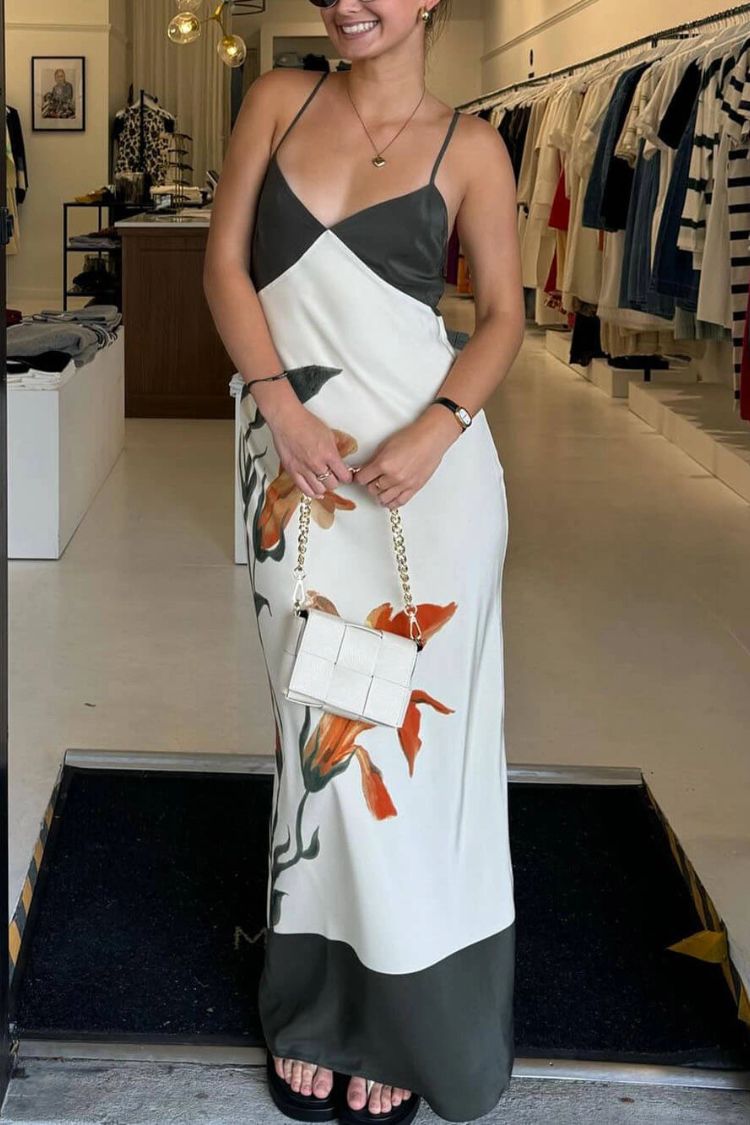 Unique Iris Print V-Neck Suspender Maxi Dress - Fashionpara