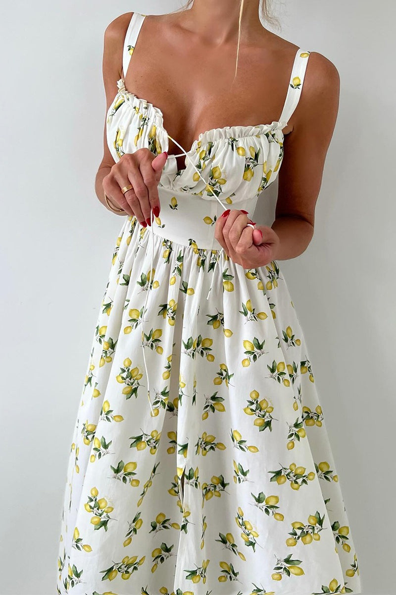Lemon Print Off Shoulder Corset High Split Maxi Dress 5
