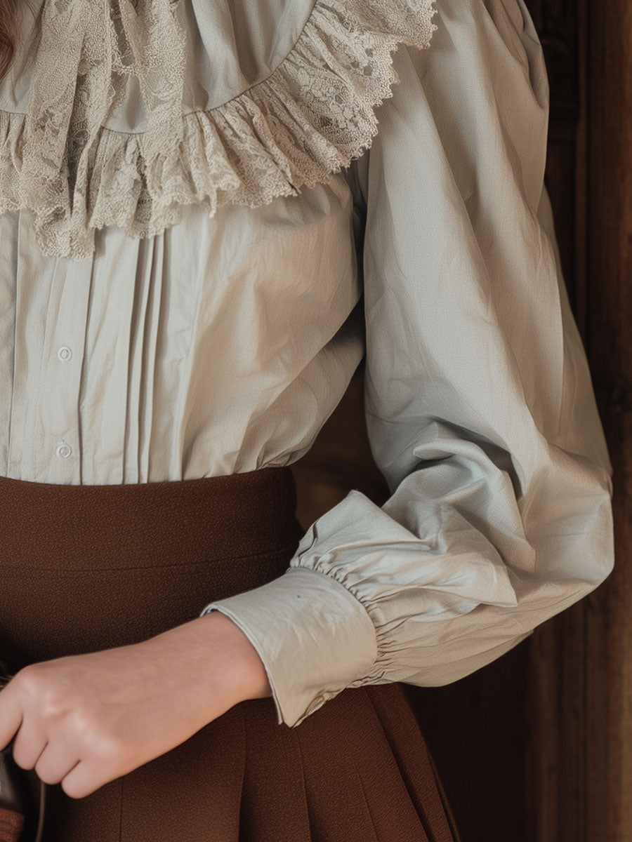 Elegant Puff Sleeve Lace Patchwork Cotton Blouse - Fashionpara