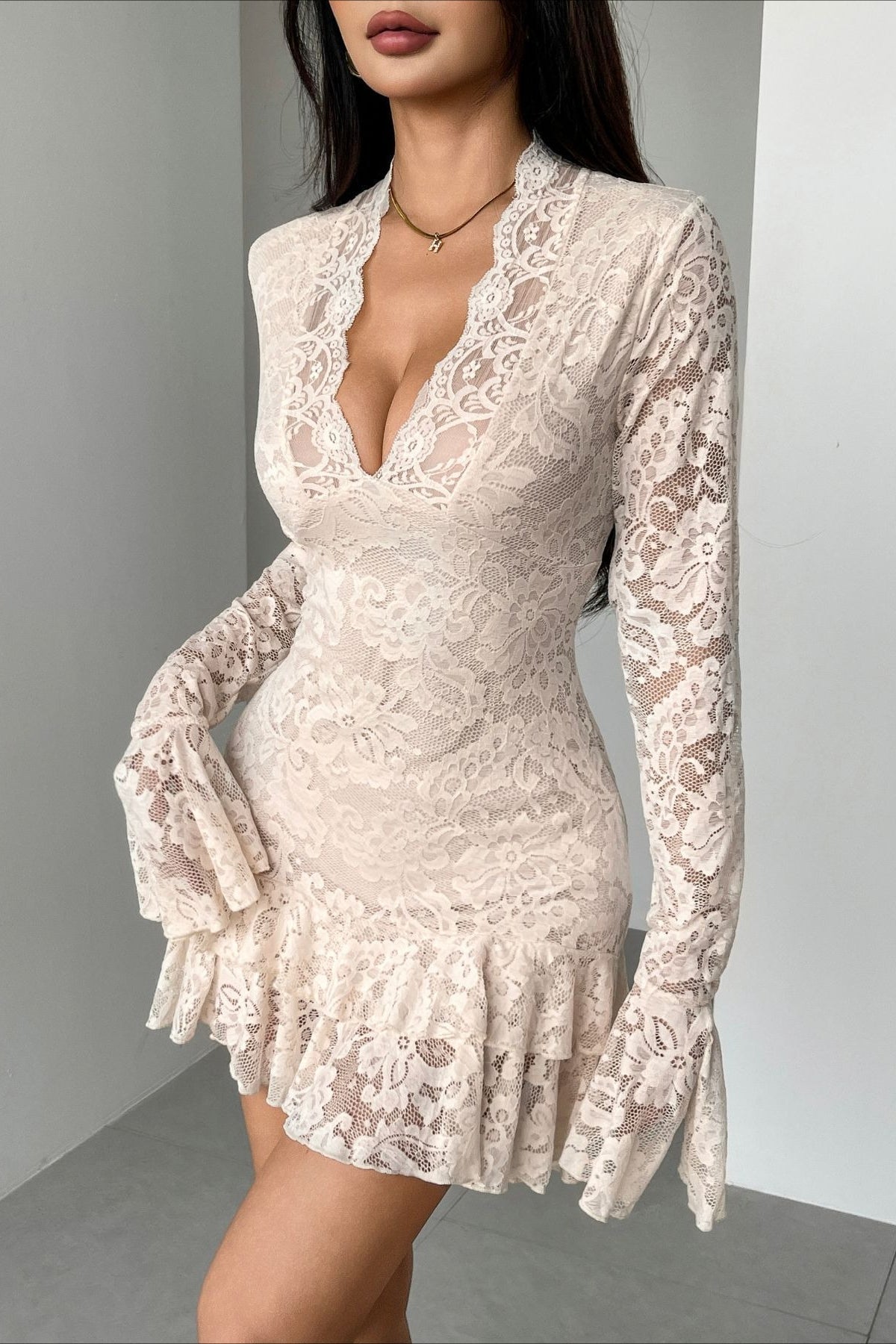 V Neck Ruffled Lace Dress in White