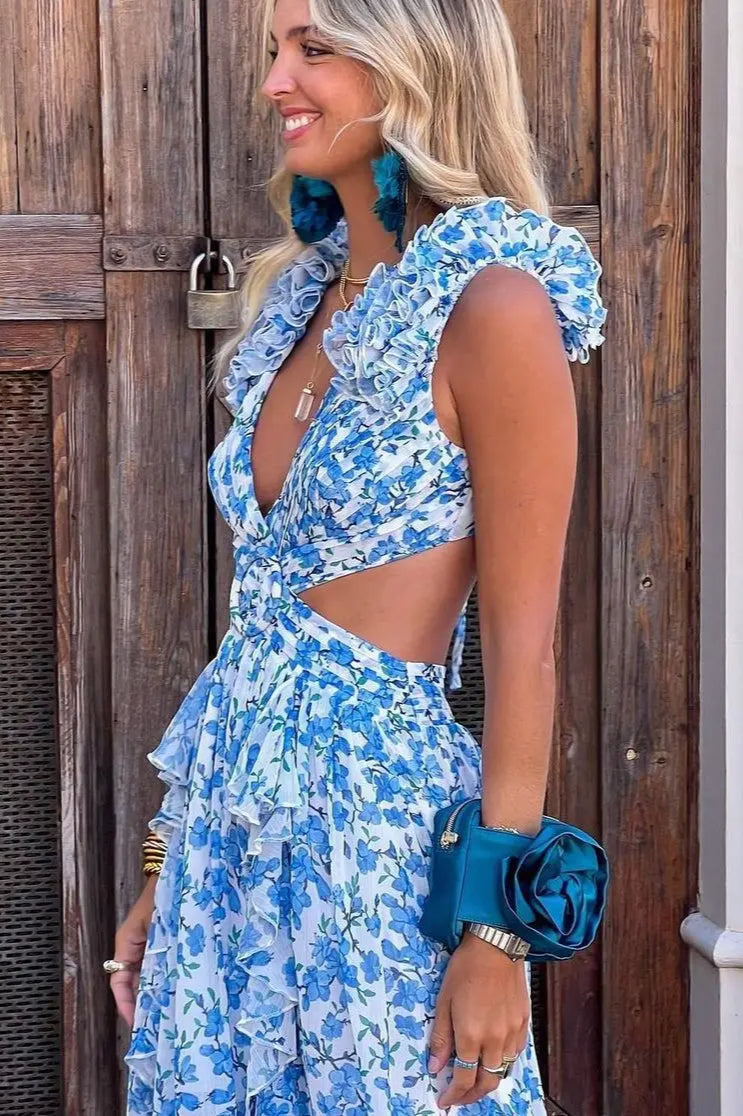 Floral Print Plunge Ruffle Cutout Tiered Maxi Dress