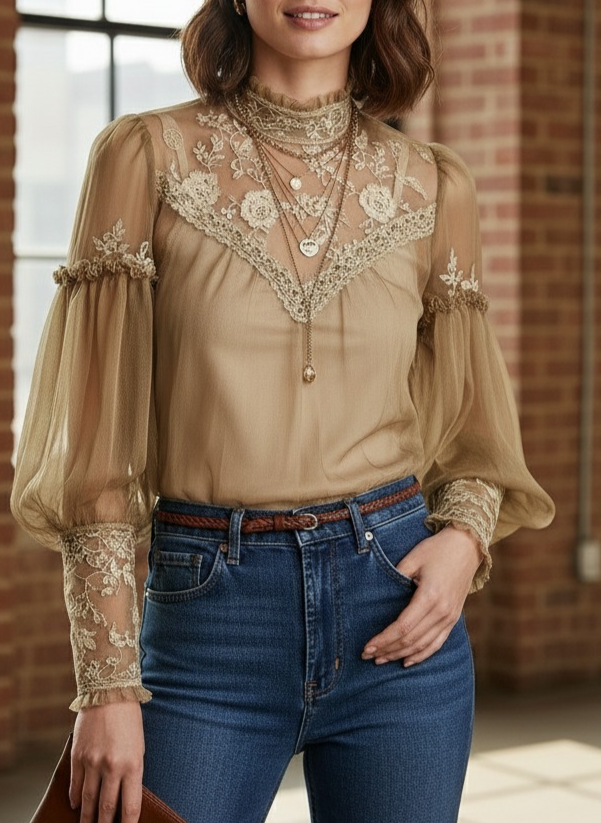 Sheer Lace-Trim Embroidered Puff Sleeves Blouse - Fashionpara