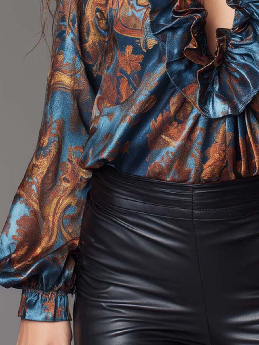 Baroque Print Satin Ruffle Blouse With V Front And Puff Sleeves