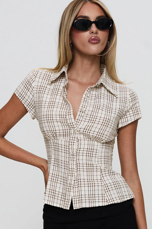 Fitted Waist Plaid V Neck Button Front Short Blouse
