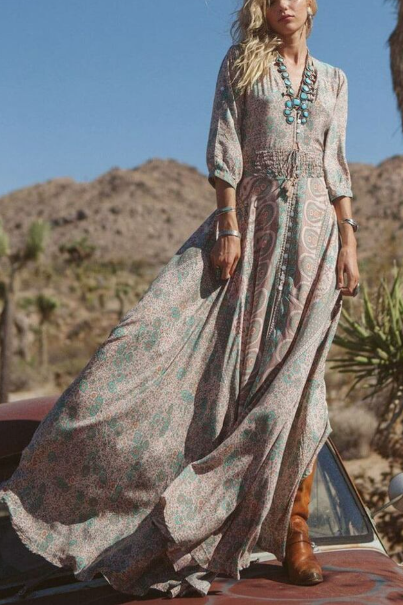 Green Boho Style Floral Chiffon Maxi Dress - Fashionpara