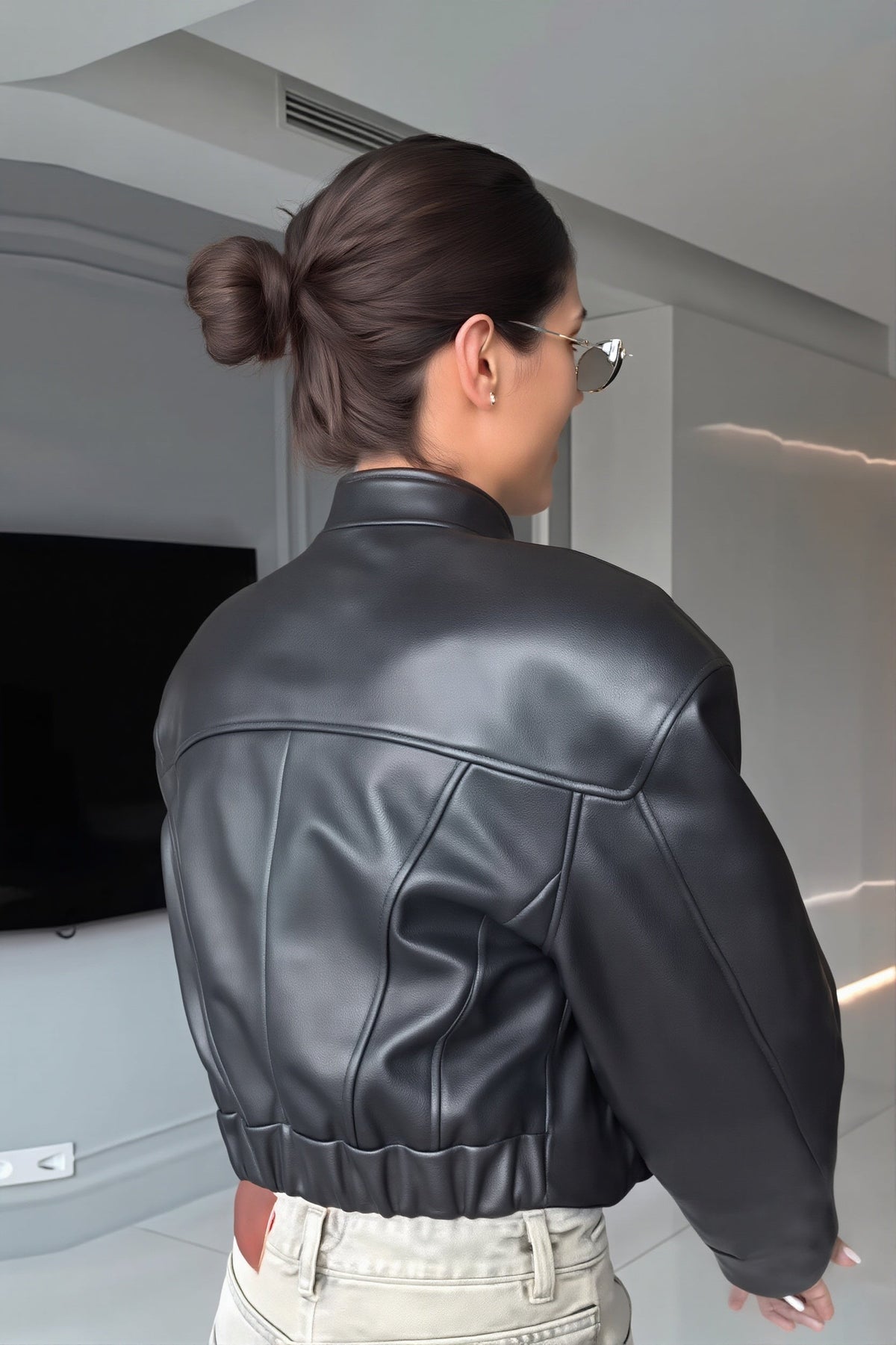 Snap Collar Faux Leather Bomber Jacket