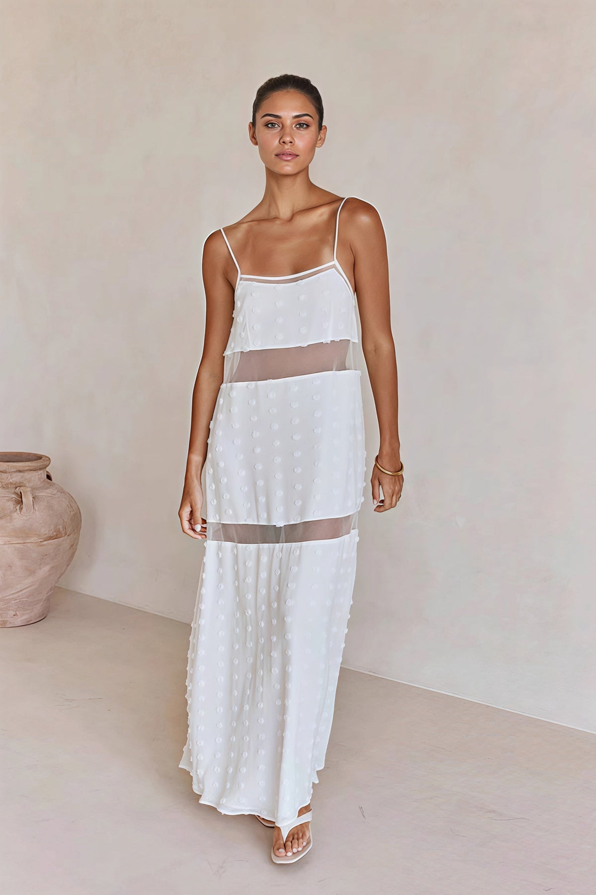 Textured Dot Square Neck Tiered Sheer Maxi Dress