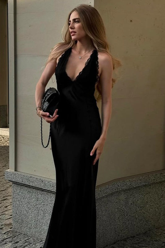 Halter Neck Lace Trim Deep V-Neck Satin Slip Maxi Gown - View 3