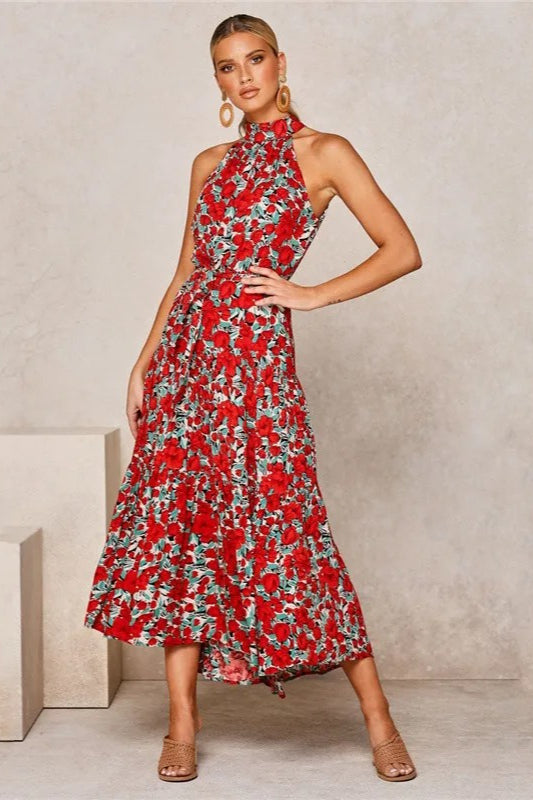 Summer Floral Print Halter Neck Beach Floral Dress