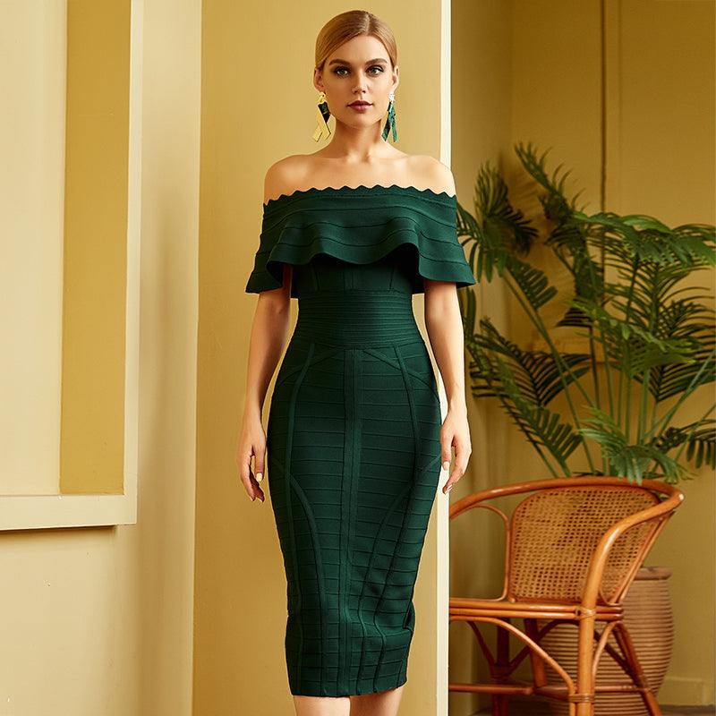 Emerald Green Off Shoulder Bandage Dress - Fashionpara