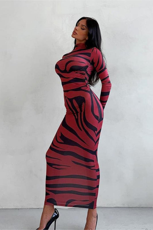 Animal Print High Neck Long Sleeve Bodycon Maxi Dress