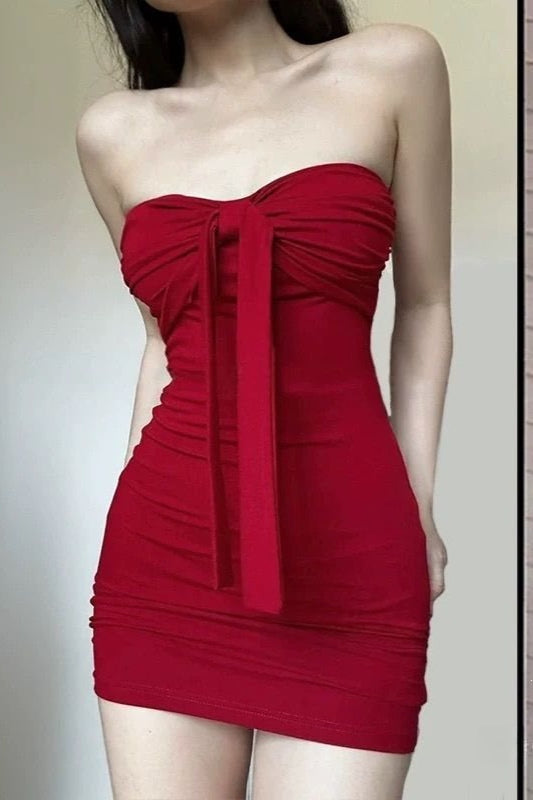Strapless Ruched Bow-Front Bodycon Mini Dress