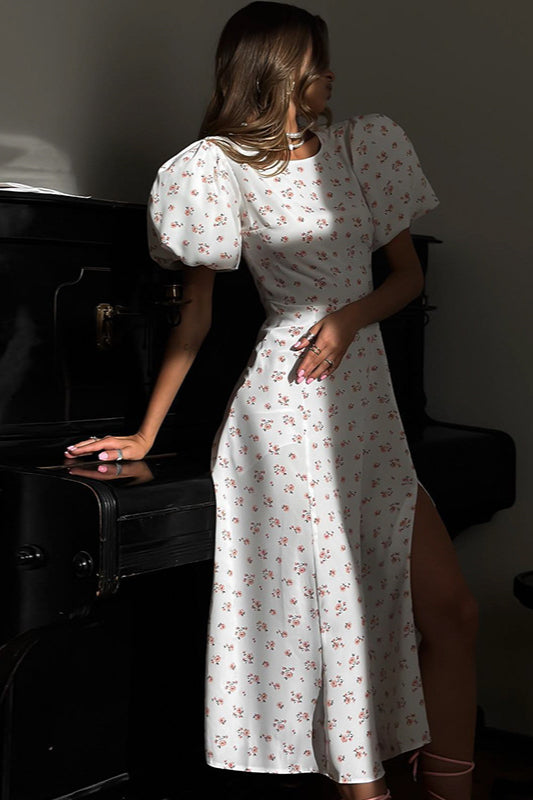 Floral Puff Sleeve Backless Maxi Dress
