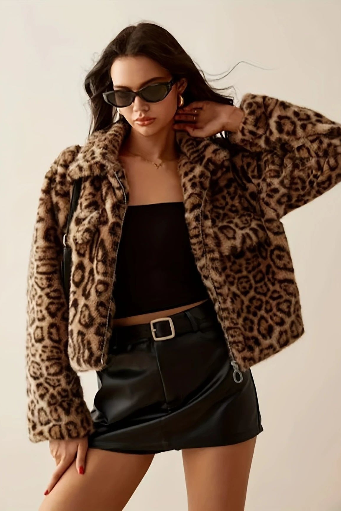 Luxurious Fleece Leopard Print Notch Collar Short Coat