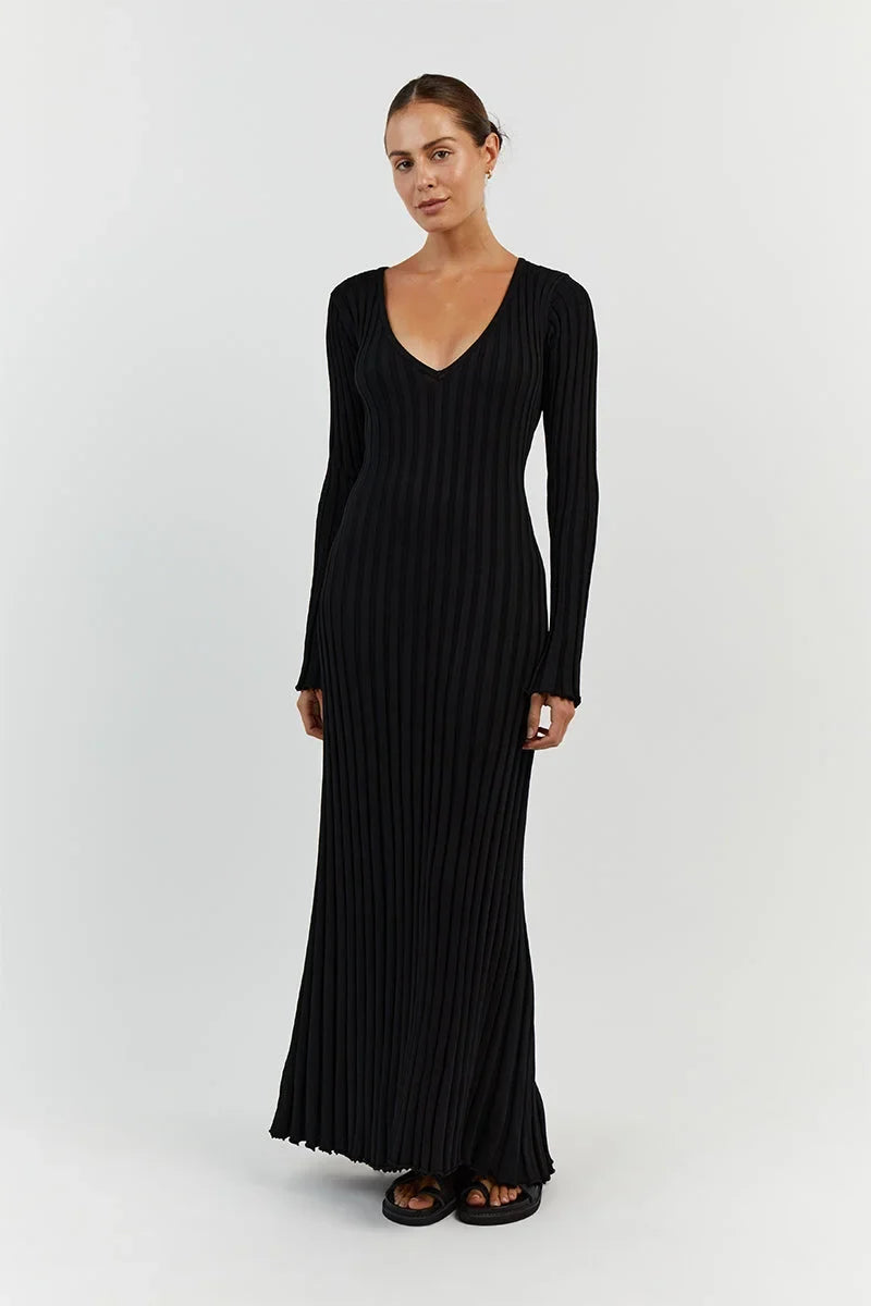Ribbed Knit V-Neck Long Sleeve Bodycon Maxi Dress - View 8