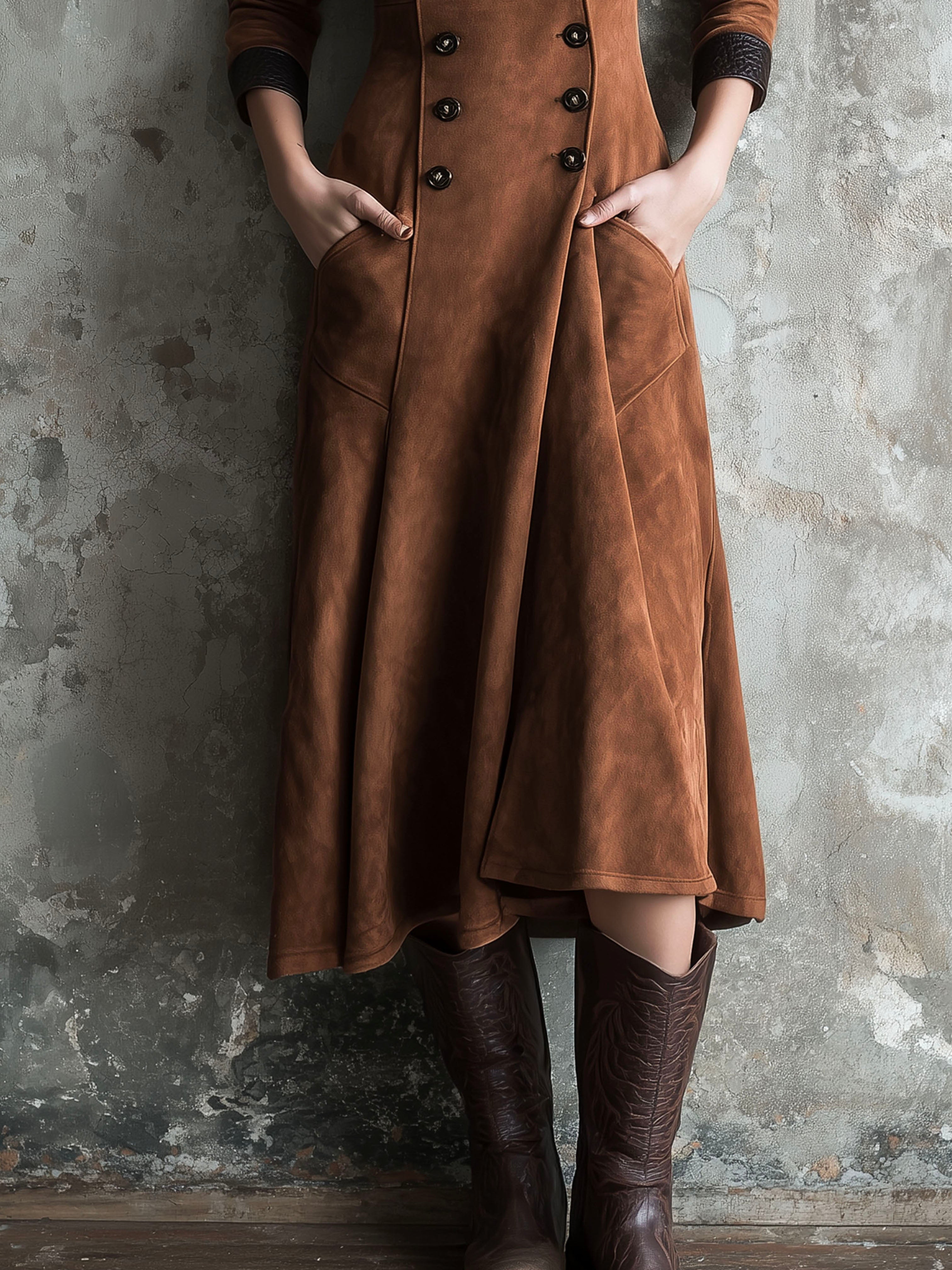 Vintage Lapel Collar Double-Breasted Eco Suede Long Coat Dress