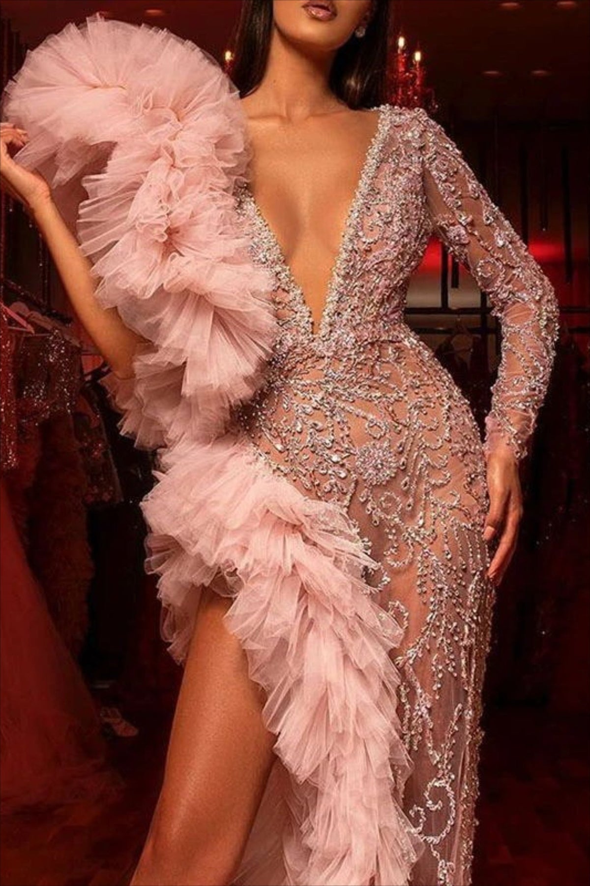 Deep V-Neck Long Sleeve Beaded Tulle Ruffle High Split Mermaid Gown