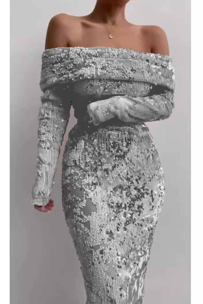 Gold Foil Sexy Formal Maxi Sequin Dress