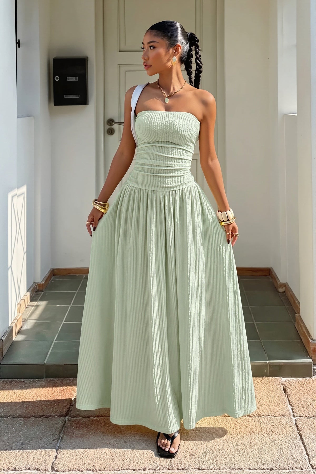 Strapless Ruched Drop Waist A-Line Maxi Dress