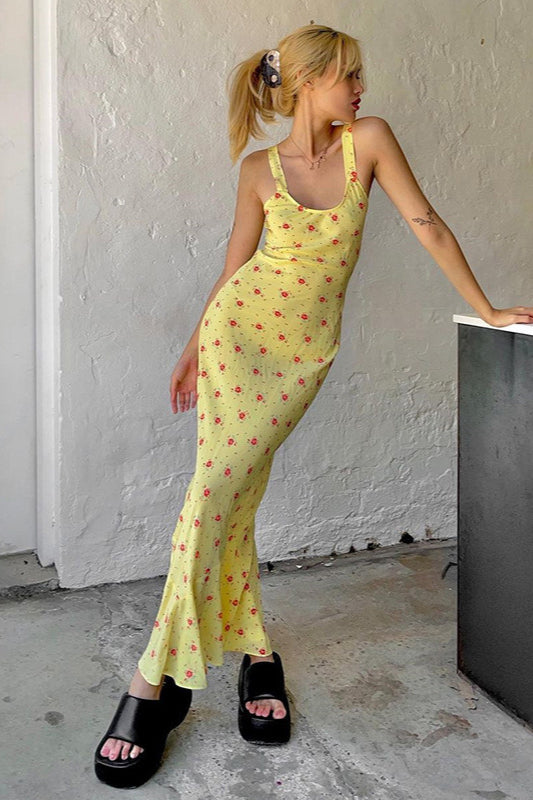 Floral Print Scoop Neck Cowl Slip Mermaid Maxi Dress 3