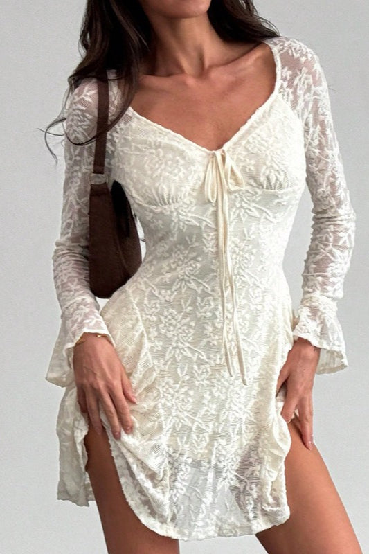 Lace Tie Front Ruched V-Neck Long Sleeve Bell Cuff Mini Dress