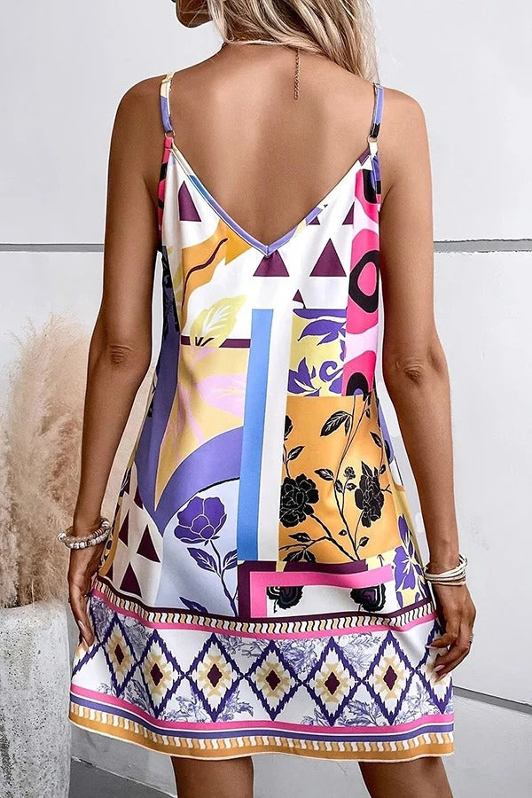 Unique Print Sexy Suspender V-Neck Loose Mini Dress - Fashionpara