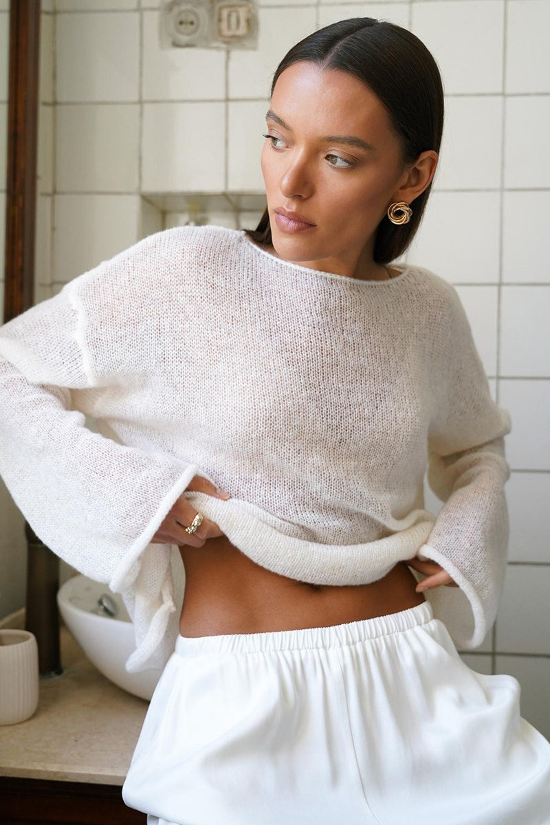 Sheer Boat Neck Bell Sleeve Knit Sweater 2
