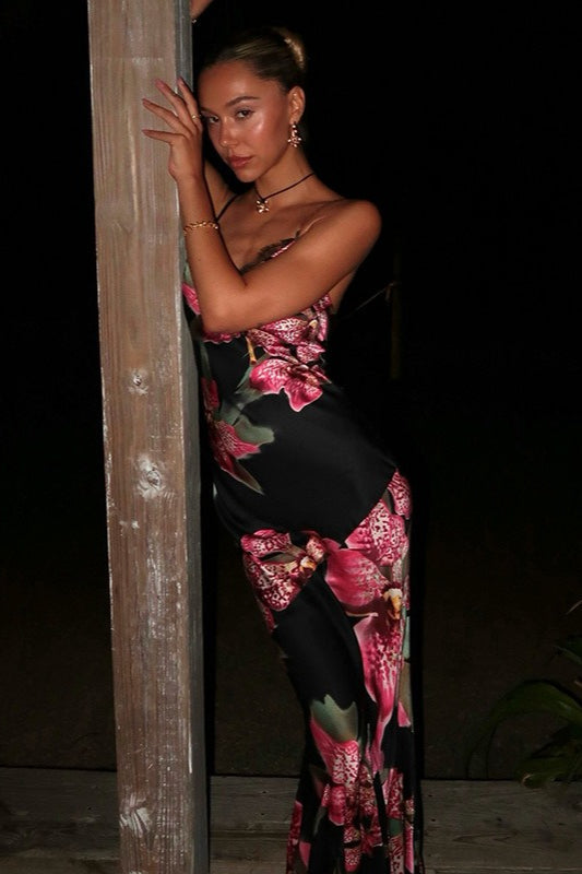 Floral Satin V-Neck Lace Trim Slip Maxi Dress