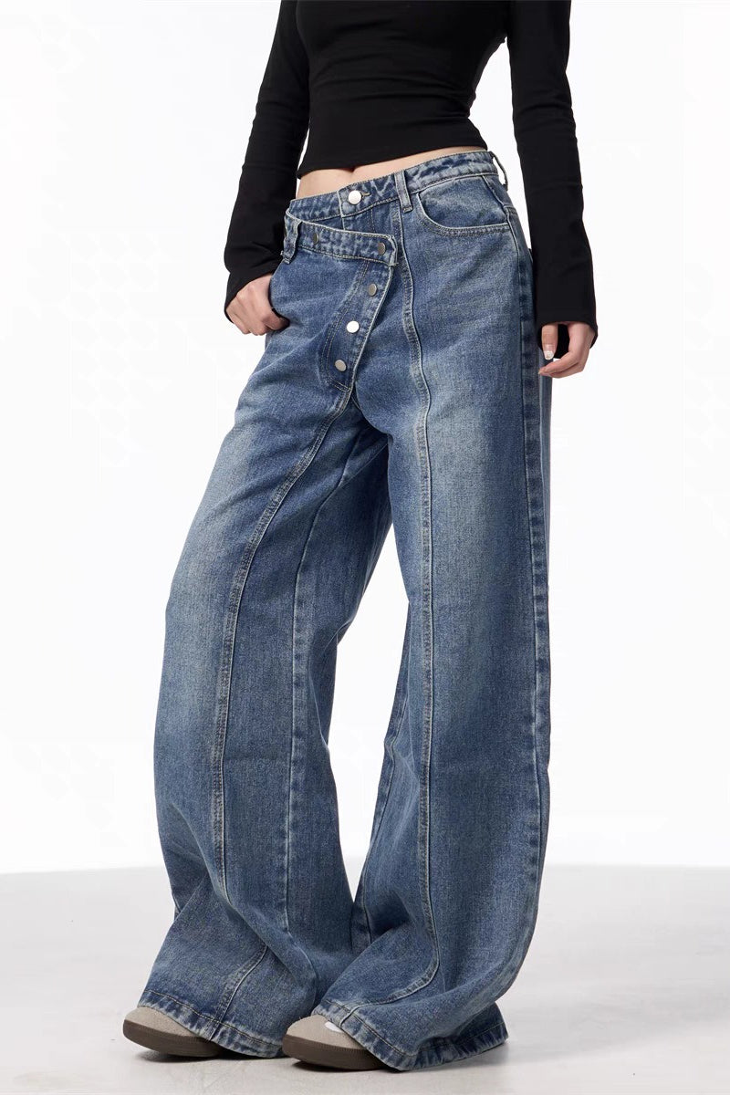 Asymmetrical Button Wide Leg Jeans