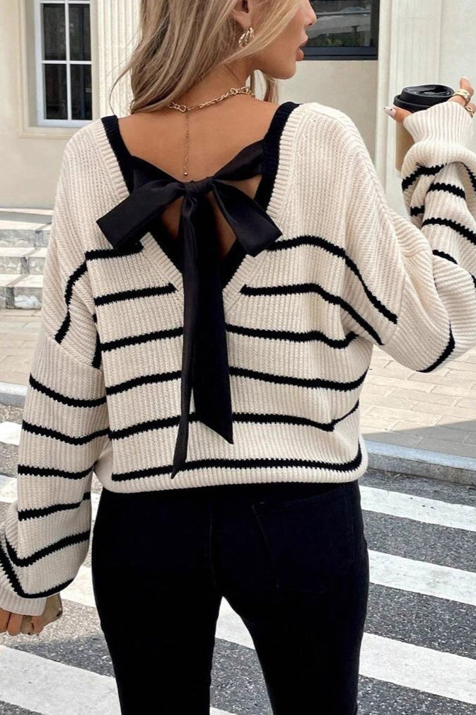 PrincessAce Chic Striped V Neck Bow Long Sleeve Sweater