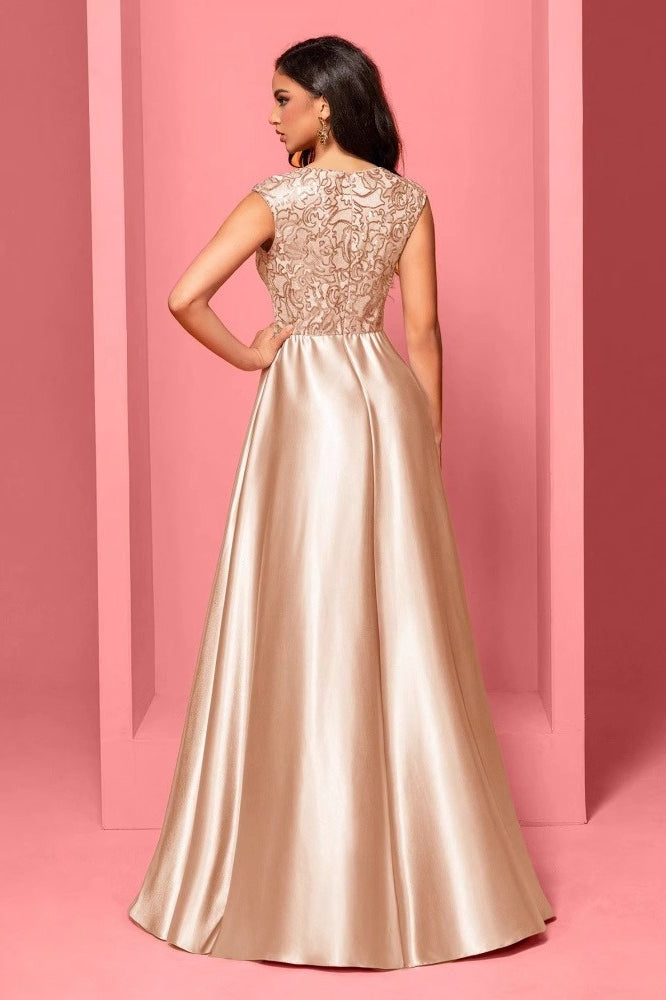 Lace Bodice V-Neck Cap Sleeve Satin A-Line Gown 3