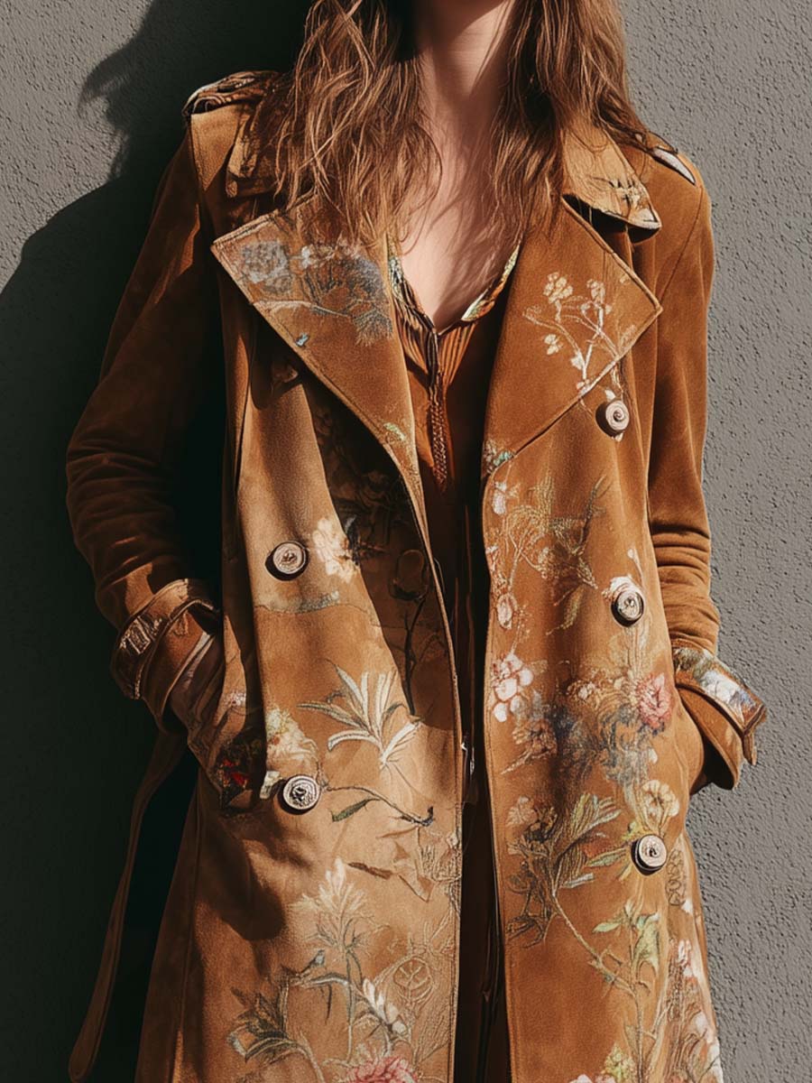 Printed Microfiber Suede Maxi Trench Coat - Fashionpara