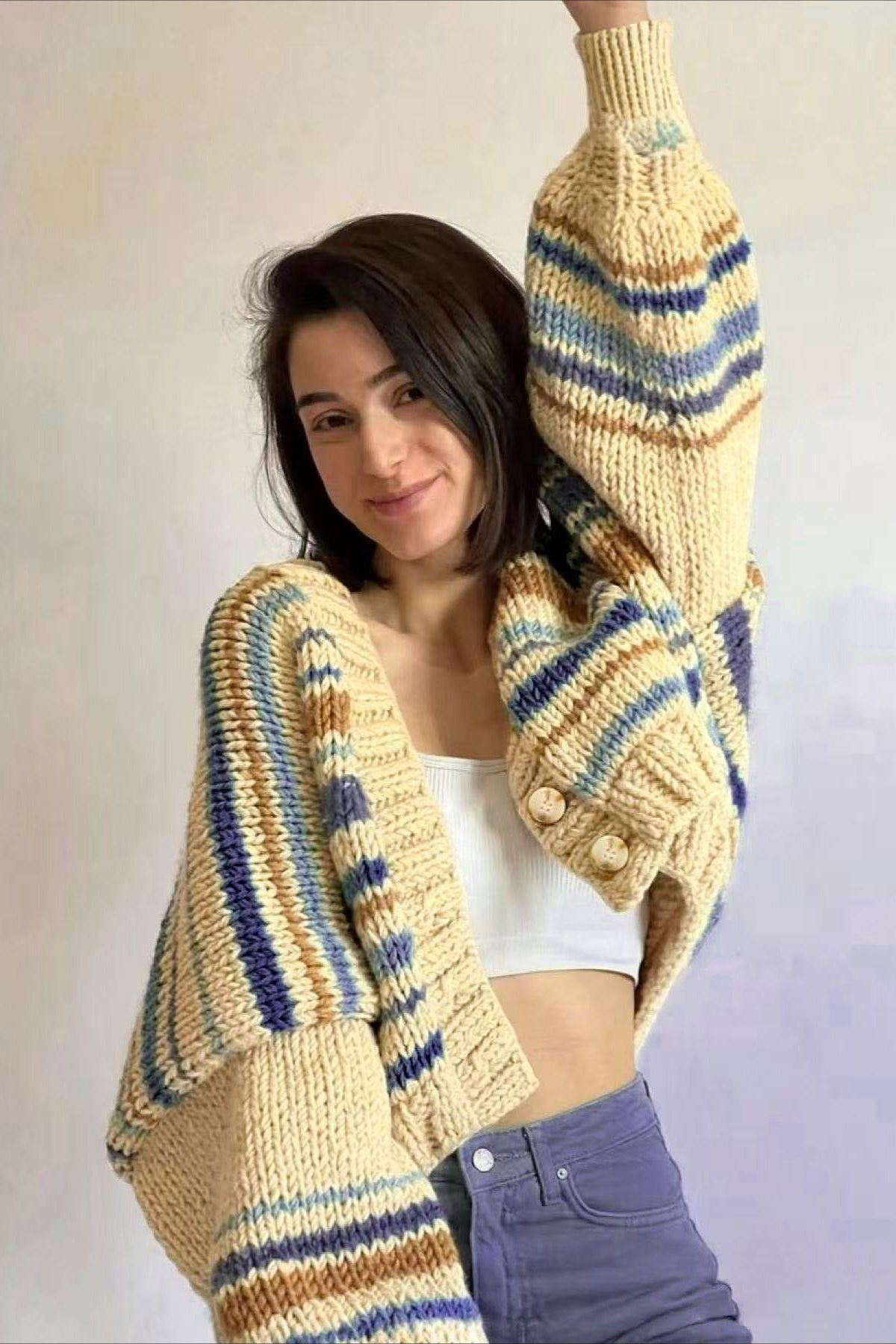 Color Block Knit Cardigan with Relaxed V Neck Design