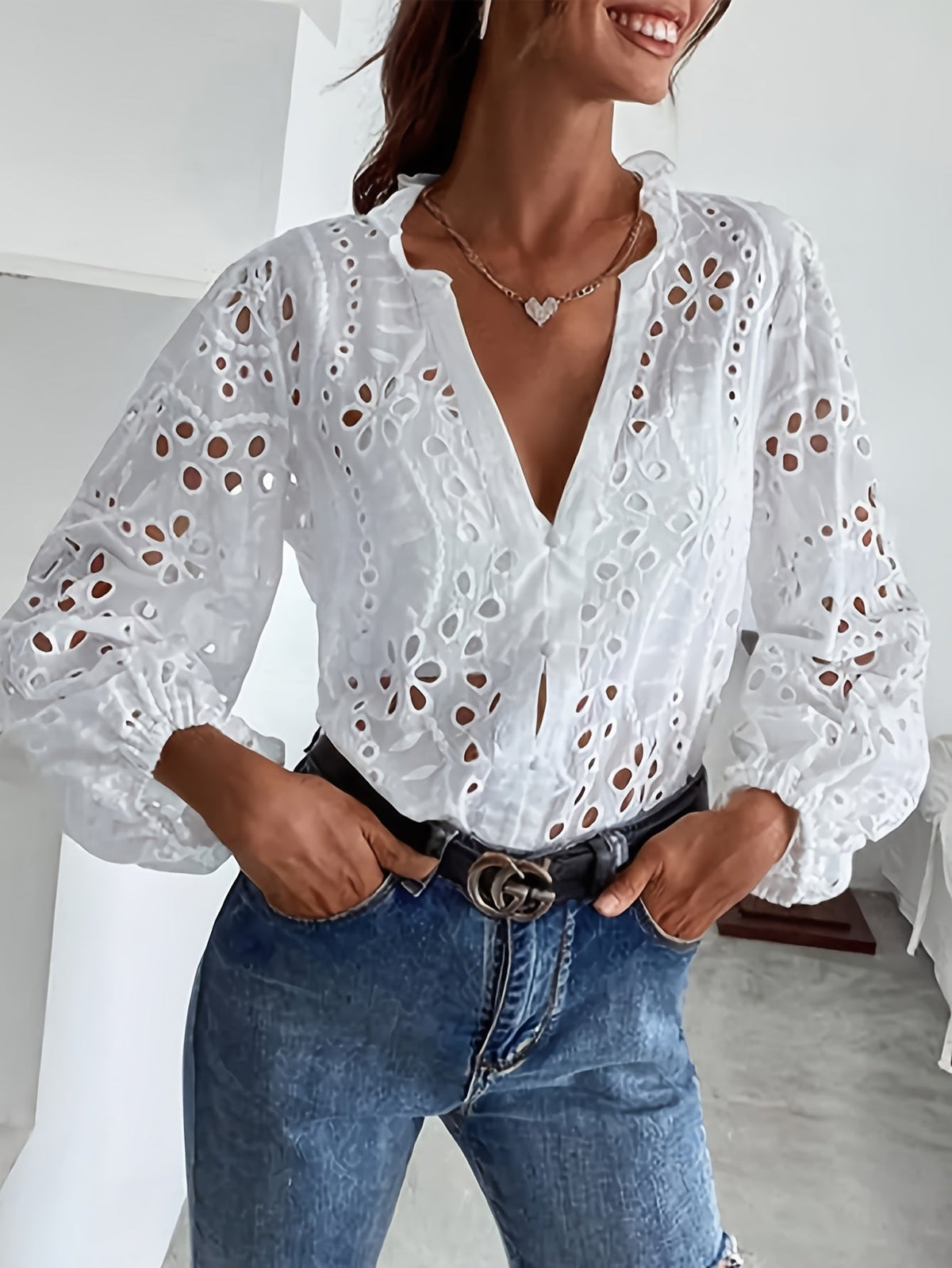 Eyelet Broderie V-Neck Long Sleeve Button Blouse 2