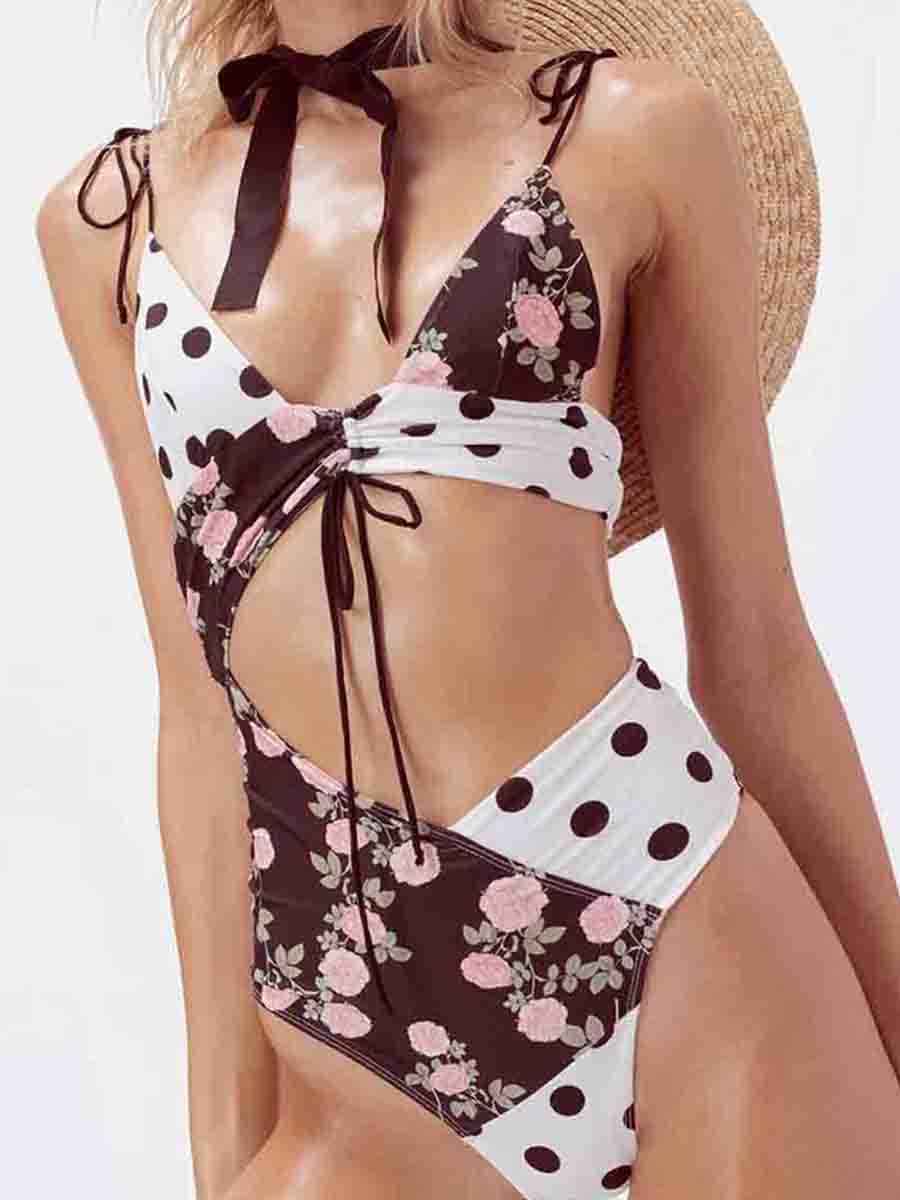 Dot Floral Print Cutout One-piece Swimsuit - Fashionpara