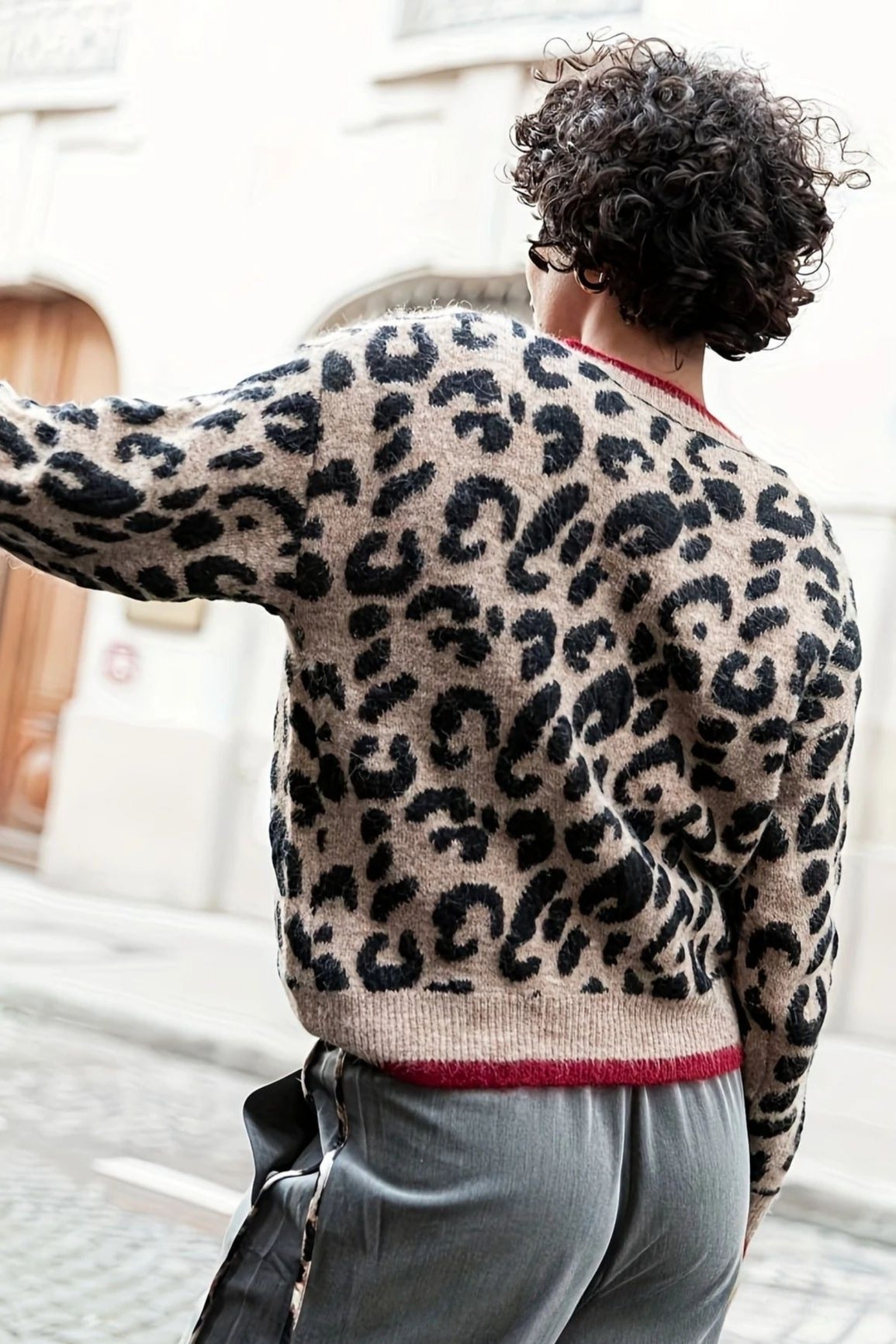 Leopard Print Crewneck Cardigan Sweater