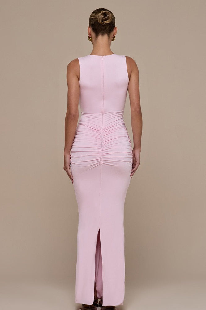 Ruched V-Neck Sleeveless Bodycon Fishtail Maxi Dress