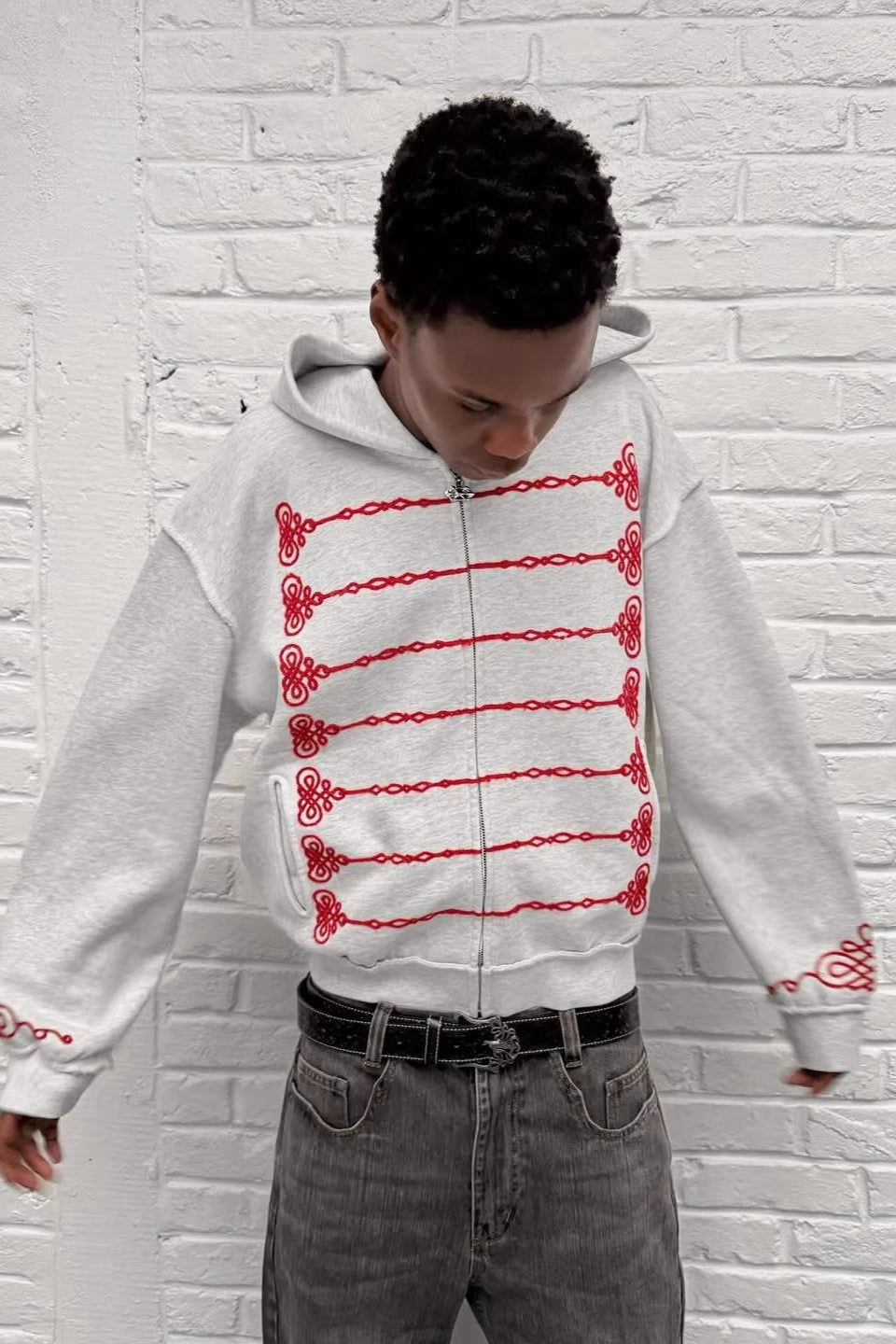 Embroidered Loop-Detail Pullover Hoodie