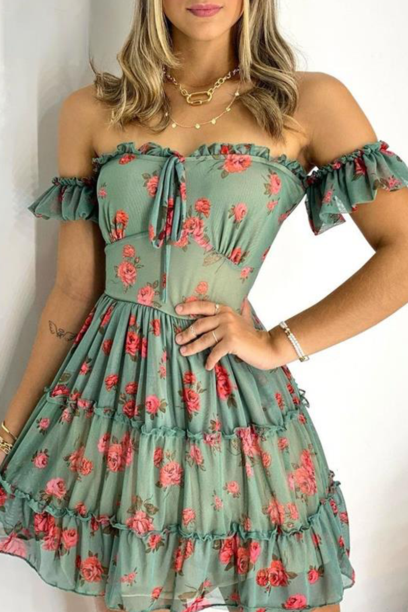Off Shoulder Tie Front Floral Print Tiered Ruffle Mini Dress