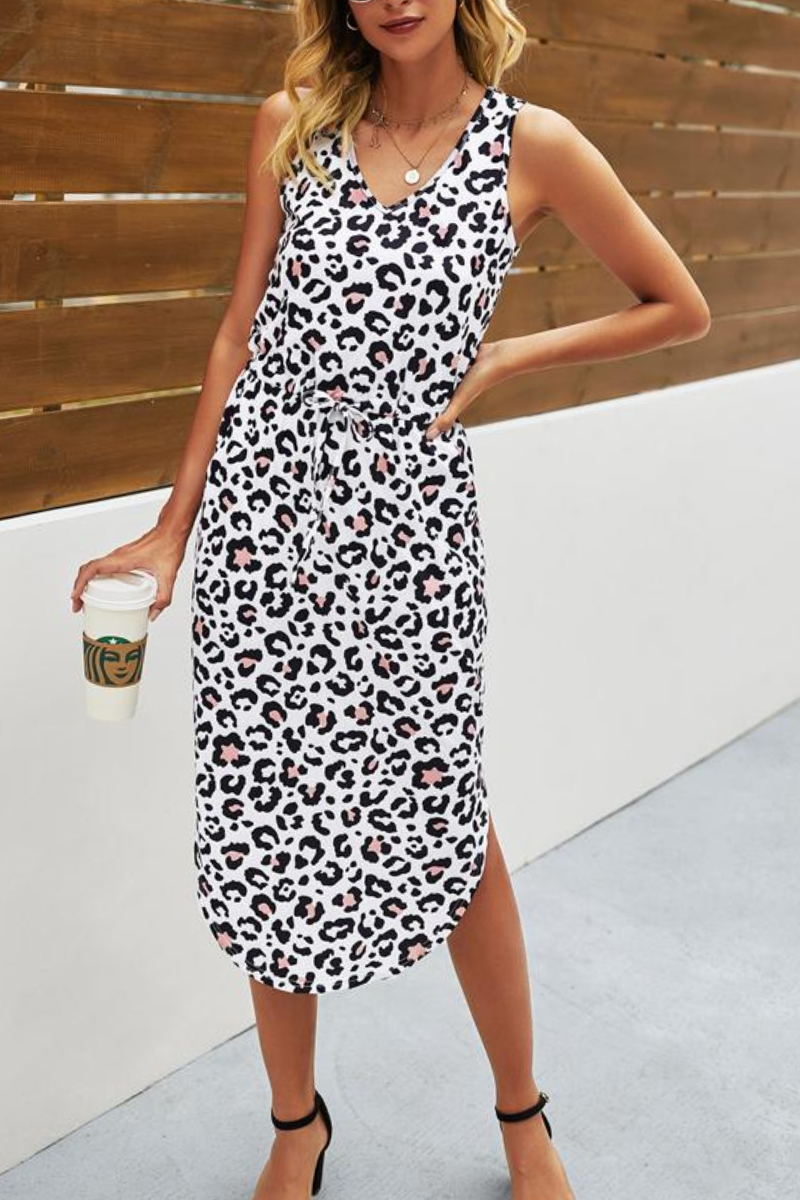 Leopard Print Asymmetric Hem Drawstring Waist Casual Dress Fashionpara