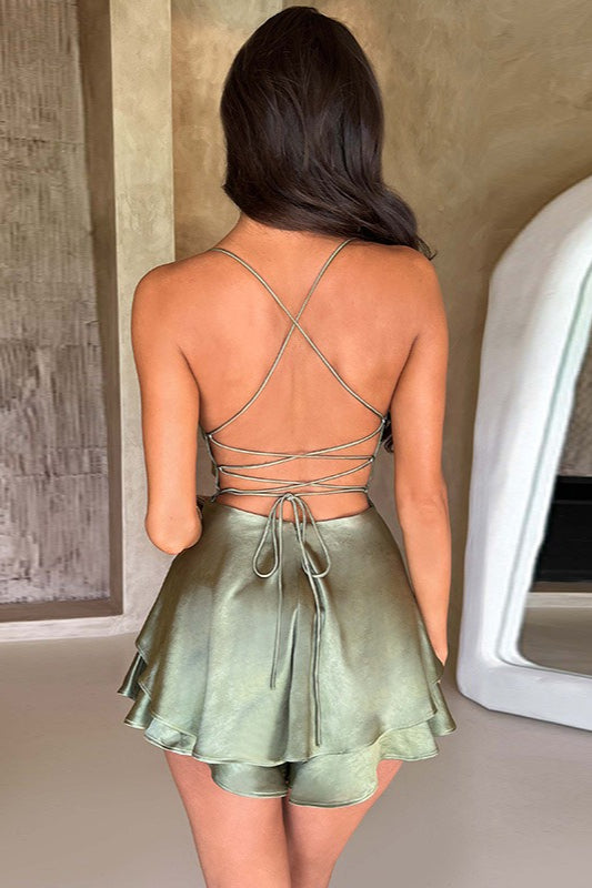 Vintage Cowl Neck Backless Tie Strap Mini Dress