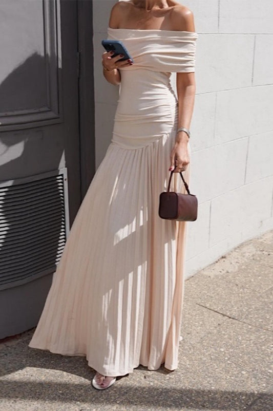 Off-Shoulder Ruched Pleated Fishtail Maxi Dress